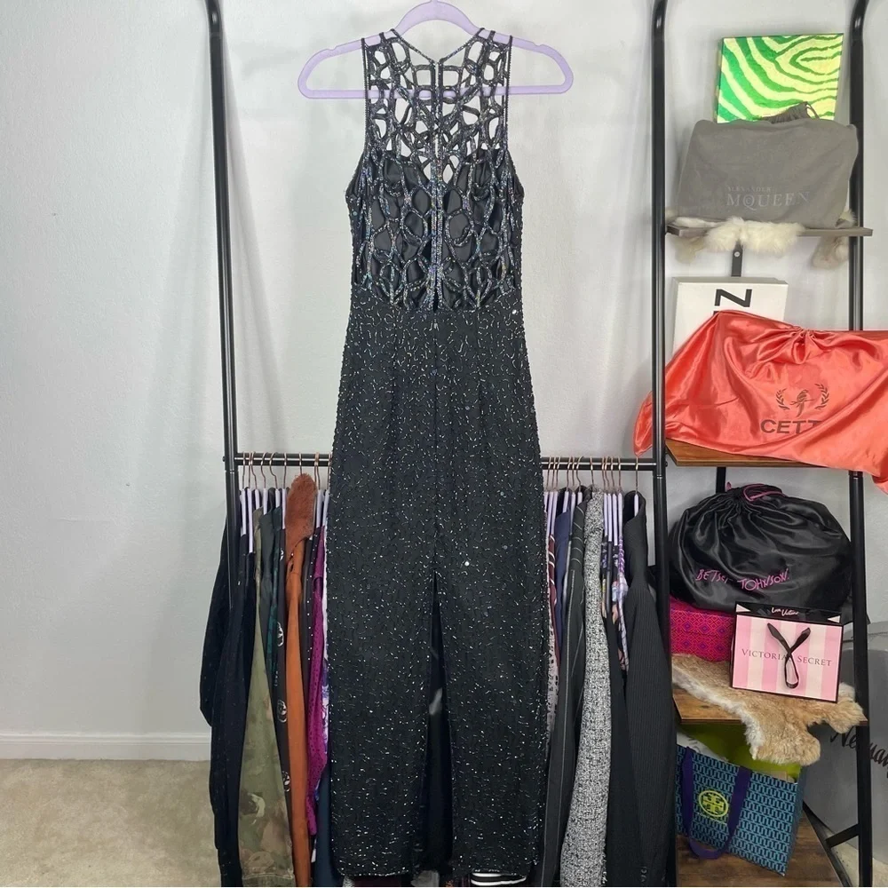Vintage 90’s Sean Collection Black 100% Silk Beaded Cage Dress - Picture 3 of 14
